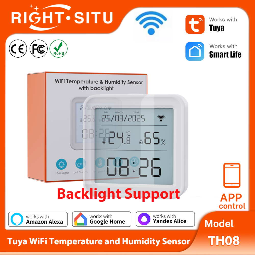 Digital Hygrometer Probe - ทูย่าเซ็นเซอร์วัดอุณหภูมิและความชื้นอินเตอร์เน็ตไร้สายพร้อมไฟแบ็คไลท์ที่รองรับเครื่องวัดอุณหภูมิความชื้นทำงานร่วมกับยานเด็กซ์ อเล็กซา