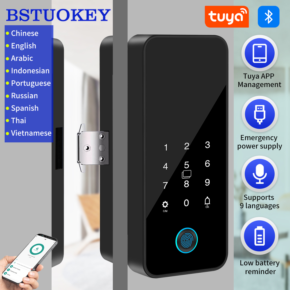 Glass Door Hinge - Tuya Smart Life บลูทูธประตูกระจกล็อคดิจิตอลลายนิ้วมือ Biometric ล็อคแก้วไม่มีเจาะรองรับ