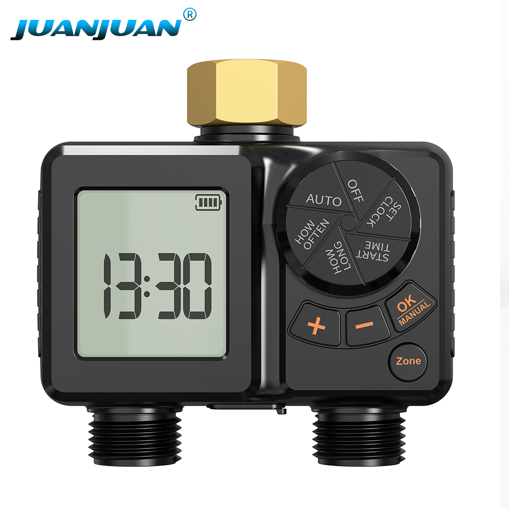 Timer Dual Outlet - ระบบตั้งเวลาควบคุมการรดน้ำอัตโนมัติแบบสองช่องทาง พร้อมหัวฉีดน้ำและสายยางสำหรับสวนกลางแจ้ง