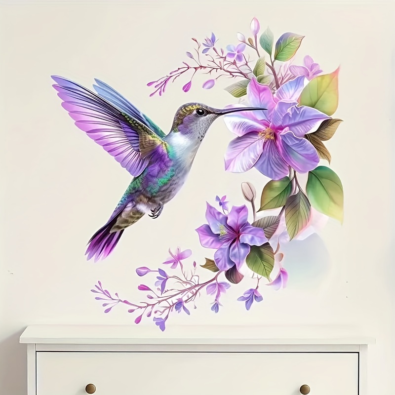 Pvc Panel Background - สติกเกอร์ดอกไม้สีม่วงและนกฮัมมิ่งเบิร์ด 1 ชิ้น สติกเกอร์ติดผนังแบบมีกาวในตัวที่ถอดออกได้ เหมาะสำหรับสติกเกอร์พื้นหลังผนังห้องนอน